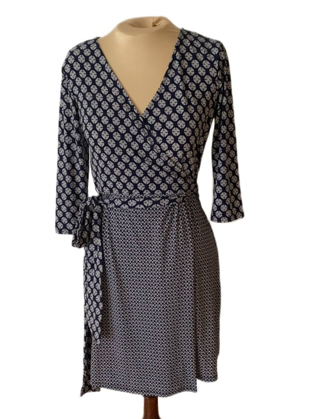 Suzy Shier Navy Blue Geometric Print Wrap Dress Size S